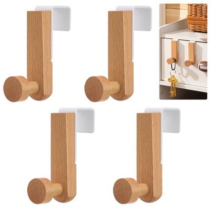 4 Pcs Wooden Cubicle Hooks, 3 Inch Over The Cabinets Door Towel Holder Heavy Duty Wood White Coat Hangers Natural Rustic Steel Wooden Hook for Wardrobe Cupboard Drawer Kitchen Bathroom