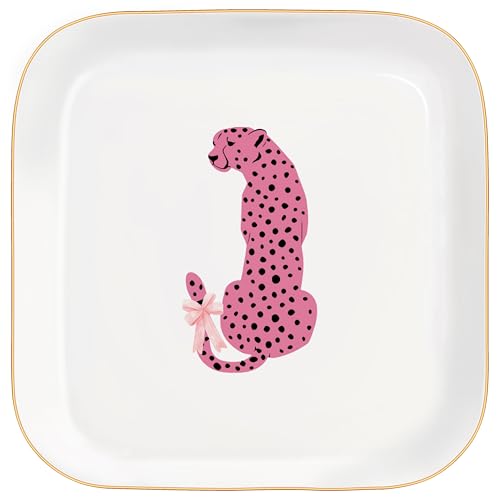 Jewelry Dish Tray, Ring Dish, Ceramic Trinket Tray, Pink Preppy Cheetah Leopard Gifts Ceramic Jewelry Tray Dish, Cheetah Print Jewelry Plate for Women