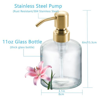 Clear Glass Soap Dispenser, 11 Oz Boston Round Bottle Dispenser with Stainless Steel Pump, Refillable Kitchen & Bathroom Countertop Dish Soap Dispenser, Brushed Gold - color: Brushed Gold