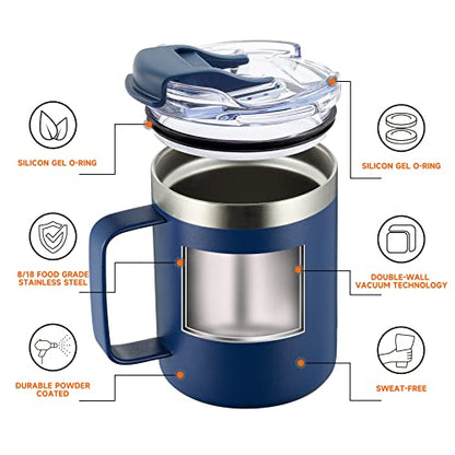 12oz Insulated Travel Coffee Mug with Handle, Navy | Stainless Steel Coffee Tumbler with Lid, Double Wall Vacuum Thermal Cup for Camping - color: Fliping Lid: Navy, size: 1 Count (Pack of 1)