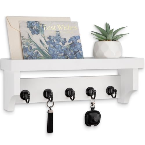 Key and Mail Holder Wall Mount, Key Holder with Shelf and Mail Organizer Wall Mount. Mail Holder with 5 Hooks for Coat, Dog Leash, Home Decor Rack, Entry Way Organizer (White) - color: White