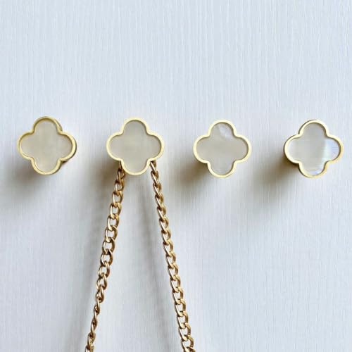 Solid Brass Decorative Wall Hooks, Coat Backpack Purse Screw-In Hangers, Wall Mounted Fancy Champagne Gold Hooks (Seashell White 4 Pack)