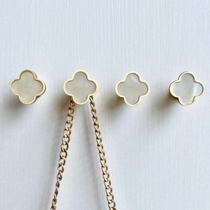 Solid Brass Decorative Wall Hooks, Coat Backpack Purse Screw-In Hangers, Wall Mounted Fancy Champagne Gold Hooks (Seashell White 4 Pack)