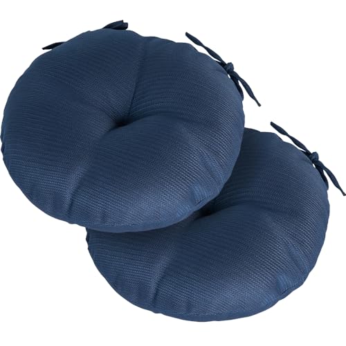 Magpie Fabrics Outdoor 15"x15"x4" Round Bistro Seat Cushions with Ties Set of 2, Tufted Waterproof Patio Floor Chair Pads for Home Garden Balcony Kitchen Office Porch, Navy - color: Blue Navy