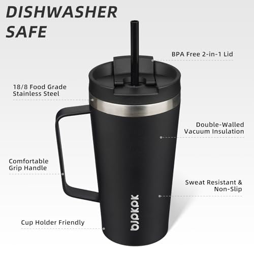 BJPKPK 18oz Insulated Tumbler with Handle, Lid & Straw, Stainless Steel | Double Wall Vacuum Insulated Coffee Travel Mug - Keeps Cold & Hot, BPA Free, Cupholder Fit for Office, Gym & Travel - color: Black, size: 18 Ounces