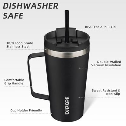 BJPKPK 18oz Insulated Tumbler with Handle, Lid & Straw, Stainless Steel | Double Wall Vacuum Insulated Coffee Travel Mug - Keeps Cold & Hot, BPA Free, Cupholder Fit for Office, Gym & Travel - color: Black, size: 18 Ounces