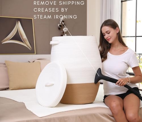 26"x20" Handcrafted Tall Cotton Rope Basket with Lid, Stylish Flagon Shape with Cover, Clothes Hamper with Top, for Bedroom and Living Room, White/Camel Bottom - color: White/Camel Bottom, size: 26"x20"