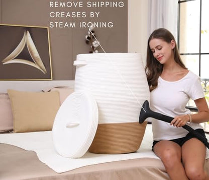 26"x20" Handcrafted Tall Cotton Rope Basket with Lid, Stylish Flagon Shape with Cover, Clothes Hamper with Top, for Bedroom and Living Room, White/Camel Bottom - color: White/Camel Bottom, size: 26"x20"