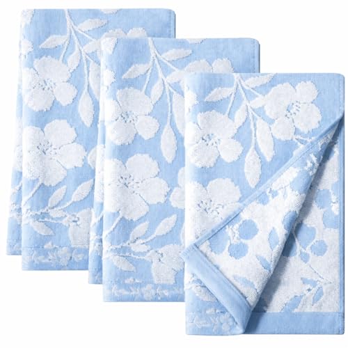 Shemilly 3 Pack Blue Floral Hand Towels 100% Cotton 13.7x29.5 Inch | Light Blue 3D Flowers Soft Decorative Towel for Home Bathroom Kitchen Decor Gift - color: Blue Floral
