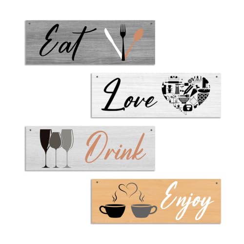 4 Pcs Kitchen Wall Decor Sign, Dining Room Wall Art Decor Gift, Eat Drink Enjoy Love Wooden Hanging Plaque Sign For Farmhouse Home Kitchen Dining Room Coffee Bar Cafe Restaurant -24 - color: Rustic 2
