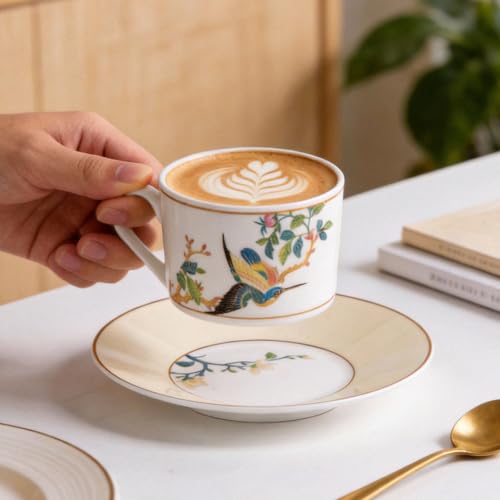 KAMMAK Tea Cups and Saucers Set of 2, Porcelain Coffee Cups, JBE004 | Stackable Espresso Mugs, Ceramic Demitasse for Coffee, Cappuccino, Latte, Americano, Tea - size: 8CZJBE004