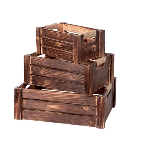 TIMRIS Set of 3 Rustic Wood Nesting Crates, Farmhouse Wooden Storage Container Boxes with Cutout Handles, Decorative Wooden Baskets for Display (Rustic Brown) - color: Rustic Brown