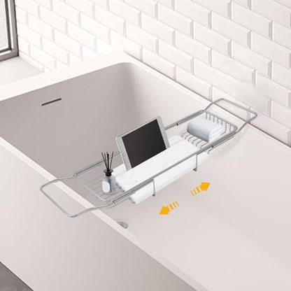 Expandable Bathtub Tray Caddy for Luxury Bath, Extra Wide Acrylic Tub Tray with Natural Marble Board, Waterproof Bath Tub Shelf for Phone, Wine, Book, Tablet Stand - Ideal Home Spa (Silver, White) - color: Silver, White