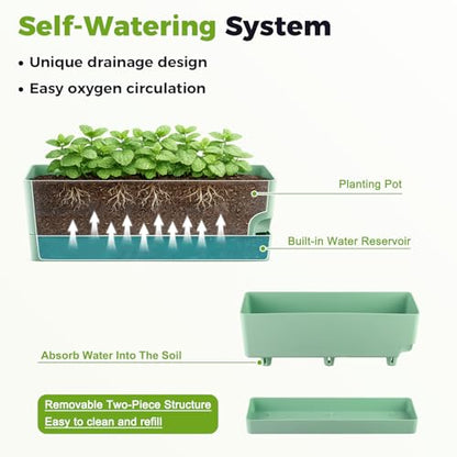 2 Pack Self Watering Pots for Indoor Plants 17 Inches Window Boxes Planters Rectangular Flower Pots Rectangle Herb Pots Large Plant Pots with Drainage Holes and Saucers Windowsill Planter, Green - color: Green