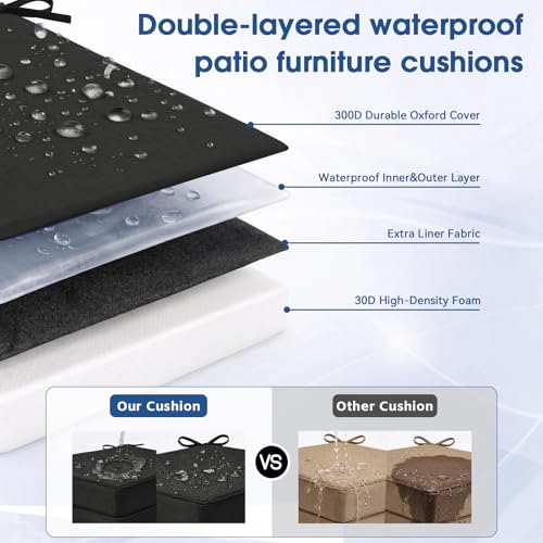 Outdoor Chair Cushions Set of 4, 19x19 Waterproof Patio Pads, Black | Fade resistant fabric with ties, handle and 3-inch foam for dining seats, decks, porches, gardens and hard seating - color: Black