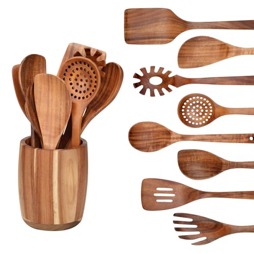 9 PCS Kitchen Utensils Set - Wooden Spoons for Cooking, Natural Teak Wooden Utensils - Includes Wooden Spoons, Spatula Set, Slotted Spoon - Handmade Wooden Spoon Set | Heat Resistant, Non-Scratch, Safe for Nonstick Pan, Easy to Clean, Daily Cooking Use,Sm