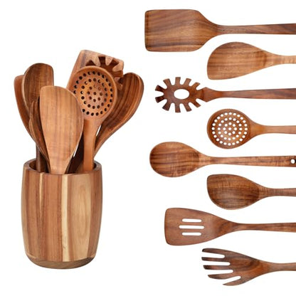 9 PCS Kitchen Utensils Set - Wooden Spoons for Cooking, Natural Teak Wooden Utensils - Includes Wooden Spoons, Spatula Set, Slotted Spoon - Handmade Wooden Spoon Set | Heat Resistant, Non-Scratch, Safe for Nonstick Pan, Easy to Clean, Daily Cooking Use,Sm