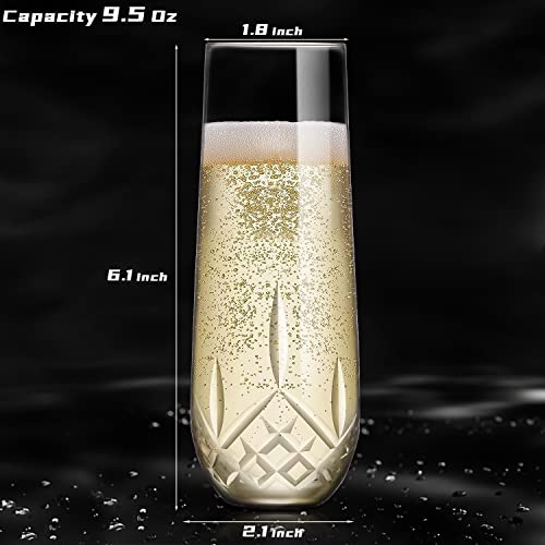 SHOSHIN Stemless Champagne Flutes Crystal, Hand Cut Champagne Glasses Set of 4, 9.5 Oz Champagne Toasting Glasses, Handmade Gift for Birthday, Wedding, Anniversary - color: Classic