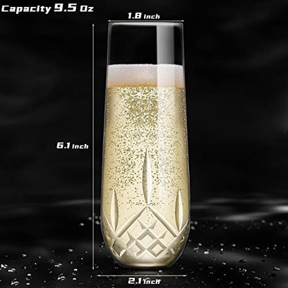 SHOSHIN Stemless Champagne Flutes Crystal, Hand Cut Champagne Glasses Set of 4, 9.5 Oz Champagne Toasting Glasses, Handmade Gift for Birthday, Wedding, Anniversary - color: Classic