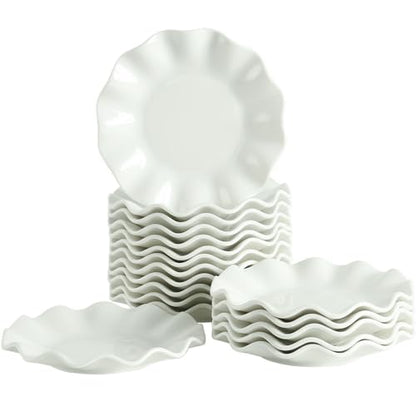 6 Inch Ceramic Small Dessert Plates, White Appetizer Plate Set, 18 Packs | Salad Dishes, Wave Rim, for Cake Waffles Snacks Side Dish, Oven Microwave Dishwasher Safe, Stackable - style: Round Wave