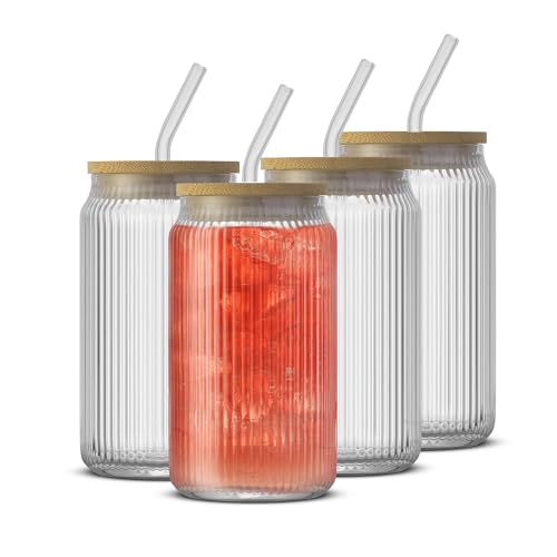 JoyJolt Fluted Glass Tumblers with Bamboo Lids and Glass Straws, Ribbed Can Shaped Drinking Glasses Set of 4, 16oz Cup with Lids and Straws, Iced Coffee Cups, Cocktail/Beer Glasses, Tea Cups - style: Clear Glasses