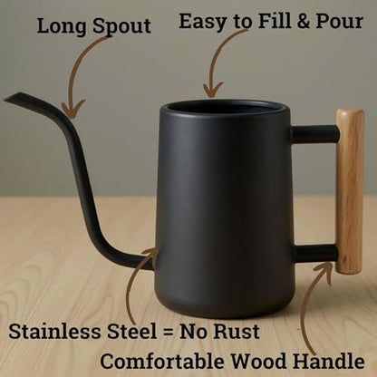 Metal Small Indoor Watering Can with Long Spout & Real Wood Handle, 35oz | Long Spout, Stainless Steel, Real Wood Handle, Gentle Flow, No Spills, Suitable for House Plants, Succulents & Seedlings - color: Black
