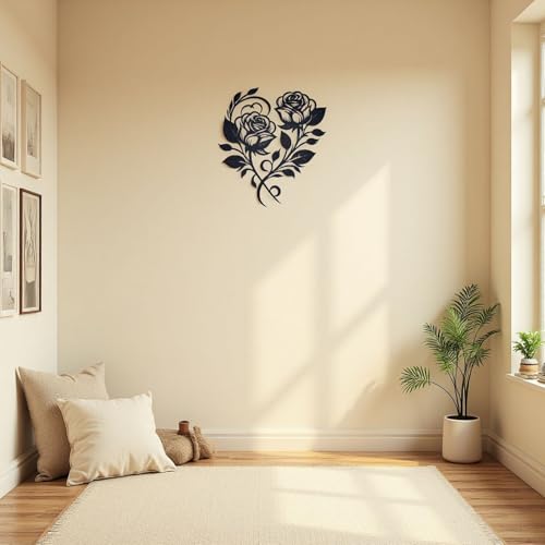 zepongLN Metal Rose Heart Wall Decor, Black, 12x10 Inches | Floral Wall Sculpture, Elegant Metal Flower Design, For Living Room, Bedroom, Dining Room