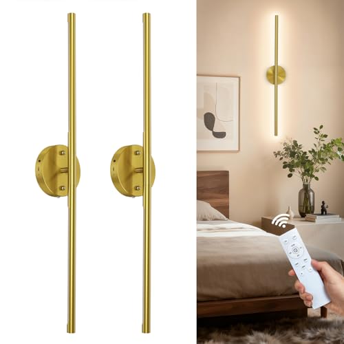 TONYFUL Battery Operated Wall Sconce Set of 2, Rechargeable Wall Lamp with 6000mAh Dimmable Bulbs and Remote, 3000K-6500K LED Wireless Wall Lights for Bedroom, Living Room, Hallway Decor, Background - color: Gold