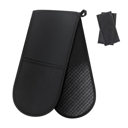 Philorn Black Double Oven Mitts, Heat Resistant 260℃ Silicone Glove | Waterproof Kitchen Gloves Oven Extra Long Oven Mitts with Non-Slip Silicone Surface for Baking, Cooking, BBQ - color: Black 1