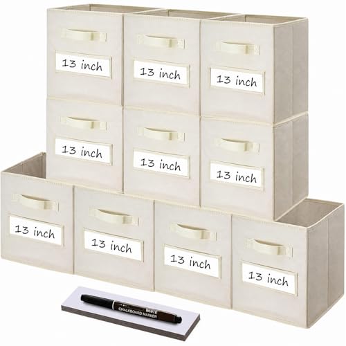 Storage Bins,13" Cube Storage Bin with Labels,10pcs,Beige | Fabric Storage Cubes for Shelves,13 Inch storage cube bins with 10 Labels Window Cards & a Pen. - color: Beige, size: 13"