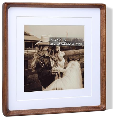 Square 12x12 Picture Frame with Mat for 8x8/10x10, USA-Sourced Natural Walnut Wood Handcrafted Rounded Corner with Real Glass, Vertical or Horizontal Display Photo Gallery Wall Mounting Frame - color: Walnut, size: 12x12 Matted to 8x8/10x10