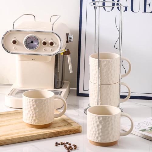 Nihow 16 OZ Ceramic Coffee Mug with Stackable Stand,Set of 4,White | Stackable, Stainless Stand Included, Cappuccino & Tea, Hot/Cold Drinks, Dishwasher & Microwave Safe - color: Matte White, size: 16 oz With Stand