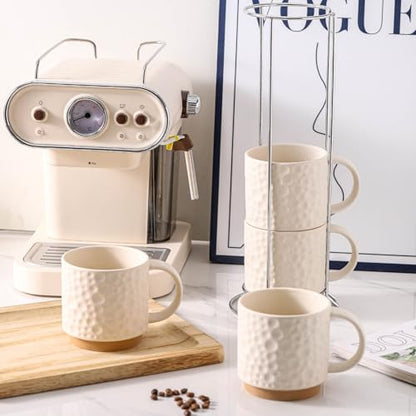 Nihow 16 OZ Ceramic Coffee Mug with Stackable Stand,Set of 4,White | Stackable, Stainless Stand Included, Cappuccino & Tea, Hot/Cold Drinks, Dishwasher & Microwave Safe - color: Matte White, size: 16 oz With Stand