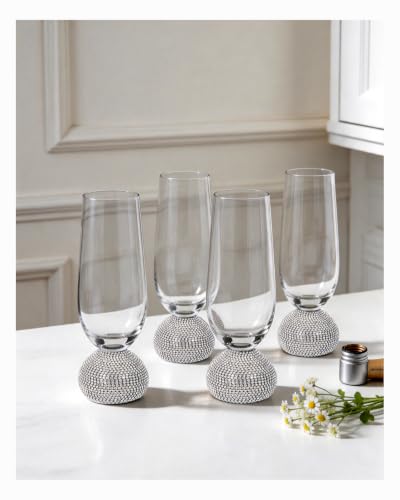 Stemless Fancy Champagne Flutes set of 4,Luxury Crystal Wedding Glasses | 10 oz Hand Blown Unbreakable Mimosa Glasses,for Weddings, Anniversaries, Christmas, Special Days (Silver Clear) - color: Silver Champagne glass