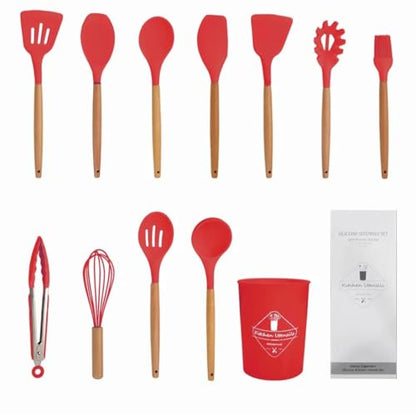 11 Piece Silicone Kitchen Utensil Set with Holder Heat Resistant Non Stick Cooking Tools with Wooden Handles Spatula Spoon Pasta Server Tongs Whisk Brush Black (Red) - color: Red