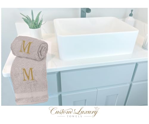 Beige Hand Towels for Bathroom with Monogram | Luxury Cotton Turkish Towels | Embroidered in USA | Set of 2 | Choose Set Color and Letter | A - Z | Modern Font - color: Beige