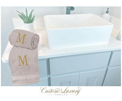 Beige Hand Towels for Bathroom with Monogram | Luxury Cotton Turkish Towels | Embroidered in USA | Set of 2 | Choose Set Color and Letter | A - Z | Modern Font - color: Beige