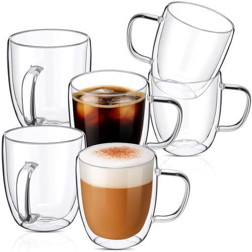 Patelai Glass Coffee Mugs Set of 6, 16 oz Clear Double Walled Coffee Cups Glasses Insulated Latte Mugs with Handle Espresso Clear Cups for Hot and Cold Beverages - color: Clear, size: 480ml