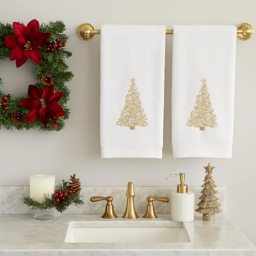 Decorative Christmas Theme Towel Set: Luxury Bathroom Plush Velour Cotton Hand Towels of Gold Embroidered Tree, Set of 2 - color: Gold Tree