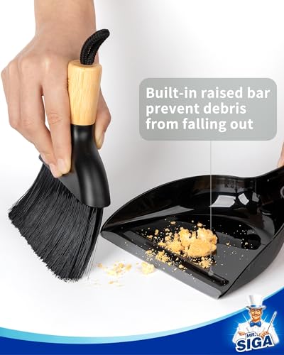 MR.SIGA Mini Dustpan and Brush Set, Bamboo Handle, Black, 1 Set | Portable cleaning brush and dustpan combo, handheld brush and dustpan combo with hanging loop - color: Black