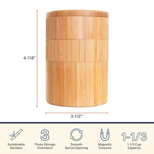 Totally Bamboo Triple Salt Cellar, 3-Tier Salt and Pepper Container | Bamboo seasoning box keeps salt, pepper, herbs, and spices easy to reach. Smooth swivel lids for quick access while cooking. - style: Three Tier Salt Box