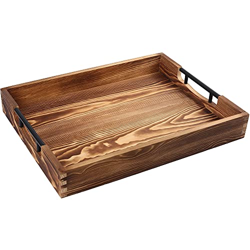 LotFancy Wood Serving Tray with Metal Handles, 17x13 Inch Tray for Ottoman | Decorative Wooden Tray with 2 Silicone Coasters for Coffee Tables, Breakfast, Décor and Organizing - color: Rustic Brown