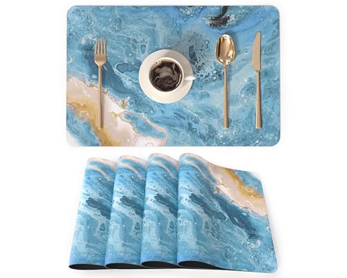 QIYI PU Leather Placemats Set of 4, 12"x18" Waterproof Table Mats, Seafoam | Faux Leather, Heat Resistant, Anti Slip, Wipeable Place Mats for Kitchen Dinning, Party Table Décor, Blue Fluid Marble - color: Blue Fluid Marble, size: Set of 4