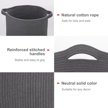 Cotton Rope Blanket Basket, 72L Tall Laundry Hamper, Dark Gray | 16"x 22", Large Collapsible Woven Nursery Hamper with Sturdy Handles for Clothes Toys Towels, Bedroom Living Room Bathroom - color: Dark Gray, size: 72L (16"x22")