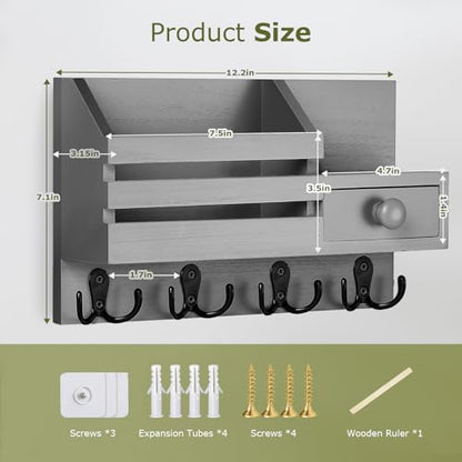 Key Holder Wall Mount, Wooden Key and Mail Organizer, Gray | 2 Mount Options, Includes 8 Hooks, Fence Mail Slot, Small Drawer and Shelf, for Entryway, Hallway, Doorway, Living Room, RV - color: Gray
