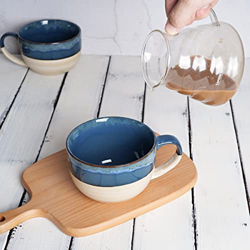 Ceramic Jumbo Coffee Mug Set of 2, 23 Oz, Large Mug Soup Bowls with Handles, Dishwasher and Microwave Safe (Prussian Blue) - color: Prussian Blue