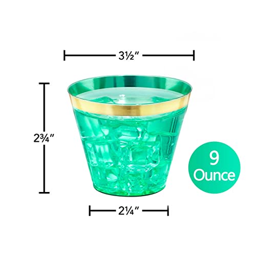 150 PCS Green Plastic Cups,9oz Clear Green Disposable Cups with Gold Rim | Old Fashioned Tumblers Gold Rimmed Green Plastic Cups,Unbreakable cups for Any occasion: Weddings, Parties, Business Events - color: Green