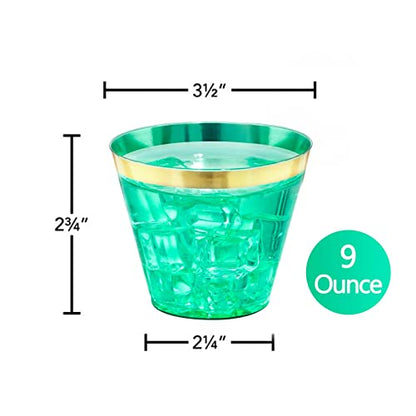150 PCS Green Plastic Cups,9oz Clear Green Disposable Cups with Gold Rim | Old Fashioned Tumblers Gold Rimmed Green Plastic Cups,Unbreakable cups for Any occasion: Weddings, Parties, Business Events - color: Green