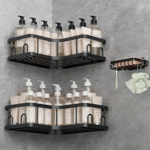 Veken Corner Shower Caddy 3-Pack, Advanced Rustproof Design&Stable Storage | No Drilling Adhesive Shelves, Rack with Soap Holder & Hooks, Thickened Metal Frame, Bathroom Organizers and Storage, Black - color: Black