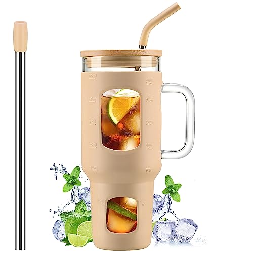 WINSA Glass Tumbler with Straw and Lid, 40 oz, Amber | Iced Coffee Cup with Handle, Glass Water Bottles with Time Marker, Silicone Sleeve - color: Amber, size: 40 Ounces